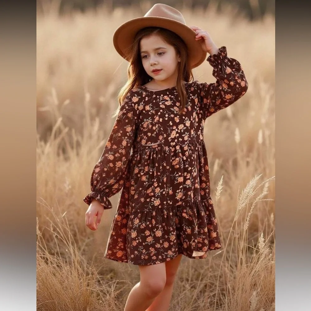 Floral long sleeve brown dress size 7Y